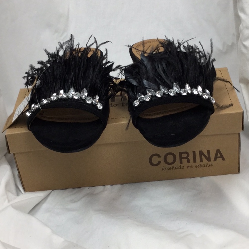 NWT, Corina Black Feather Sandals with Crystals